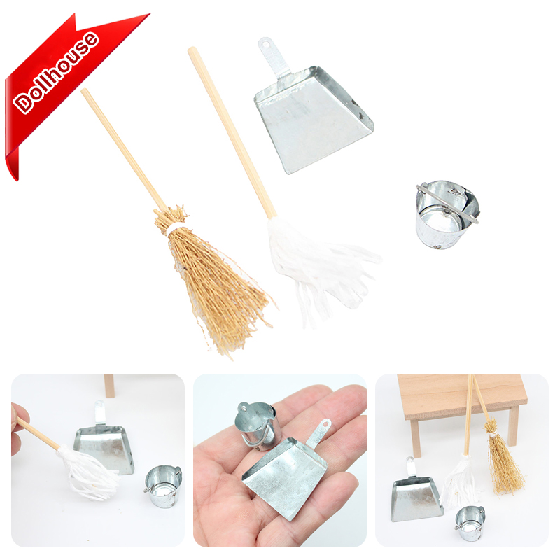 Tech House Accessories - 1/12 Dollhouse Broom Dustpan Metal Pail